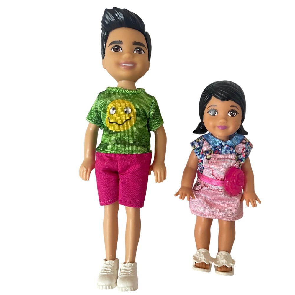 Mattel Barbie Chelsea Club Boy and Girl Dolls Green Camo Smiley Pink Jumper Set
